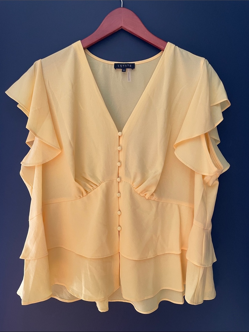 1. State Pale Yellow Ruffle Button-Front Blouse